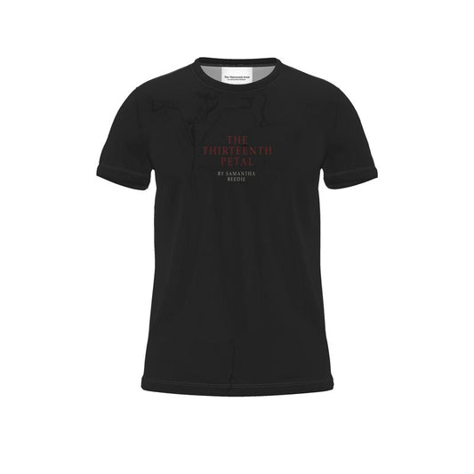 Front of black unisex t-shirt with the brand name of The Thirteenth Petal by Samantha Beedie