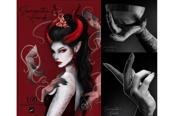 Promotional image for 'Samantha’s Hands' Procreate stamp set featuring 160 hand pose brushes, including stylized and realistic options