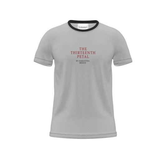 Front of a grey and black unisex t-shirt with the brand name of The Thirteenth Petal by Samantha Beedie