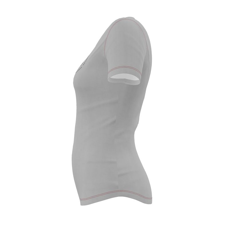 Grey short sleeve fitted t-shirt with red stitching facing left