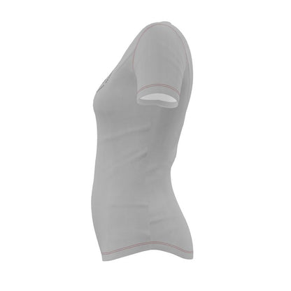 Grey short sleeve fitted t-shirt with red stitching facing left