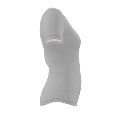 Grey short sleeve fitted t-shirt with red stitching facing right