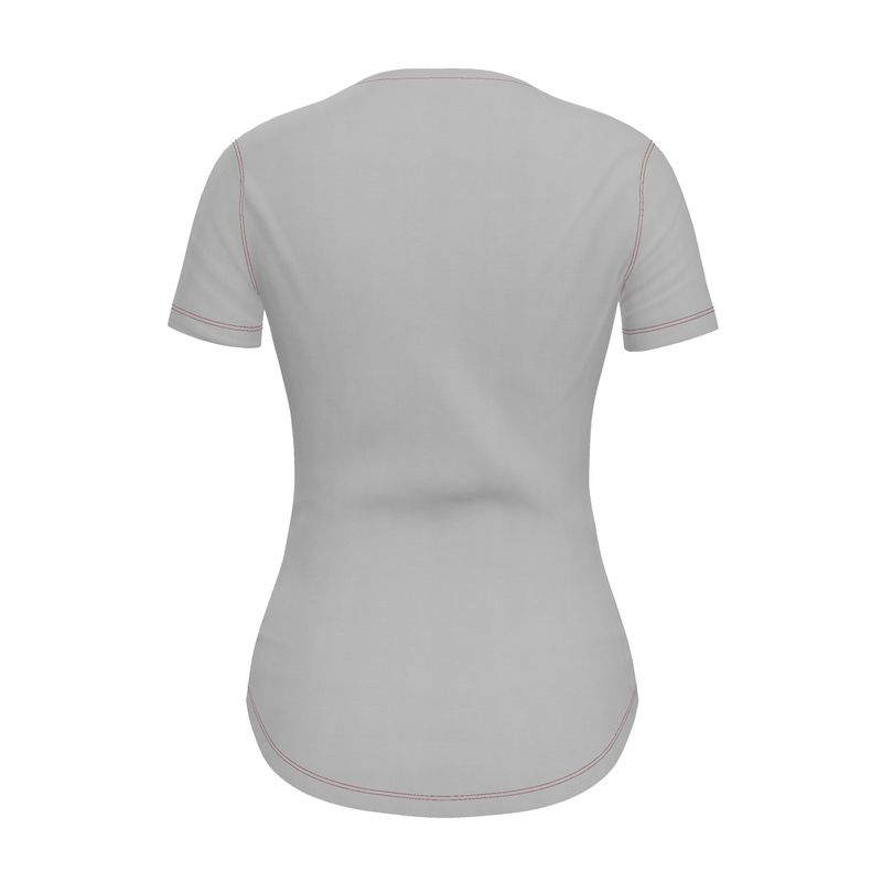 The back of a Grey short sleeve fitted t-shirt with red stitching 