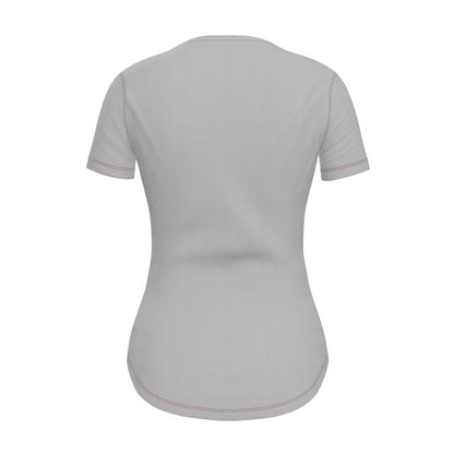 The back of a Grey short sleeve fitted t-shirt with red stitching 