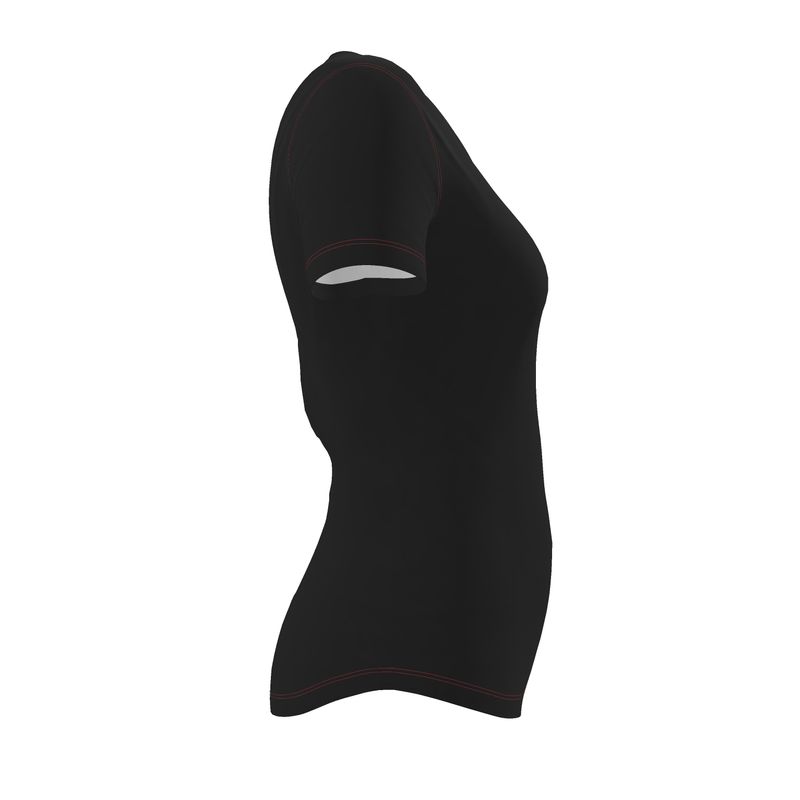 Black short sleeve fitted t-shirt with red stitching facing right
