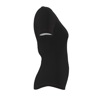 Black short sleeve fitted t-shirt with red stitching facing right