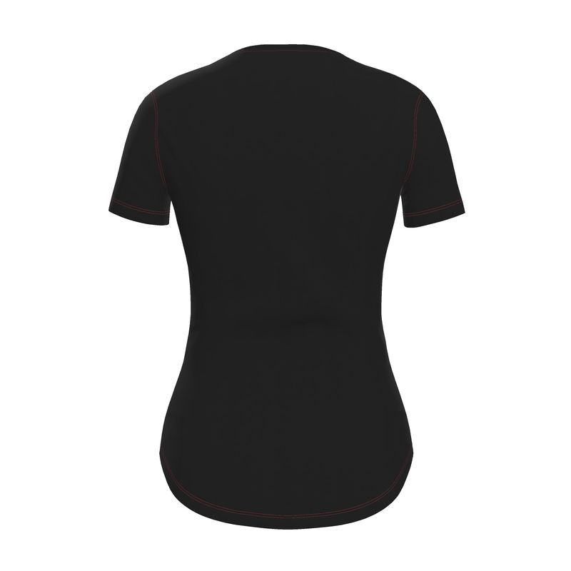 The back of a black fitted t-shirt with red stitching 