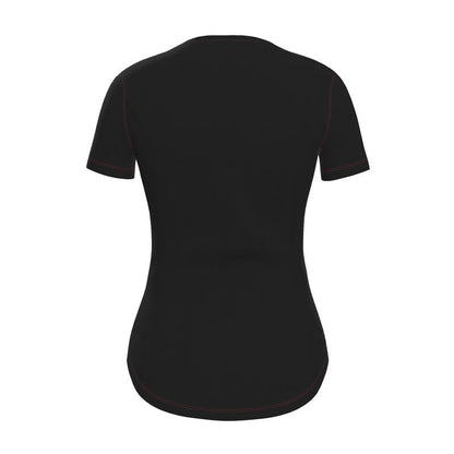 The back of a black fitted t-shirt with red stitching 