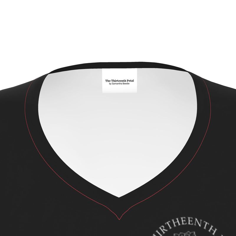 Black v neck shirt collar and 'The Thirteenth Petal' label