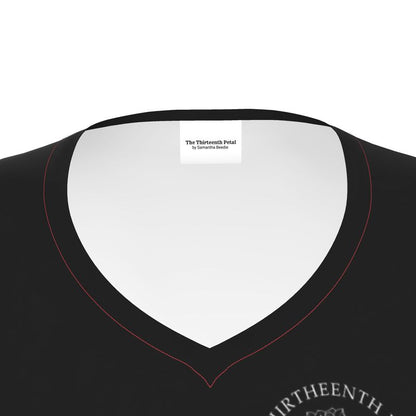 Black v neck shirt collar and 'The Thirteenth Petal' label