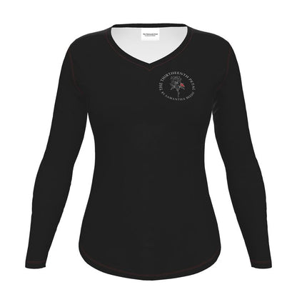 black long sleeve fitted shirt with brand label on