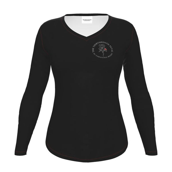 black long sleeve fitted shirt with brand label on