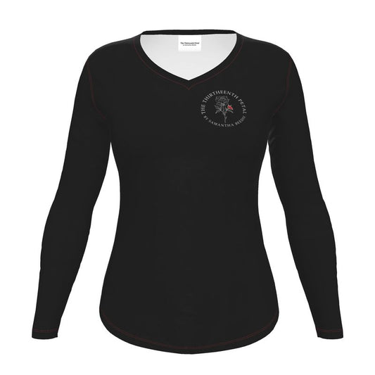 black long sleeve fitted t-shirt with red stitching facing forward with brand label on