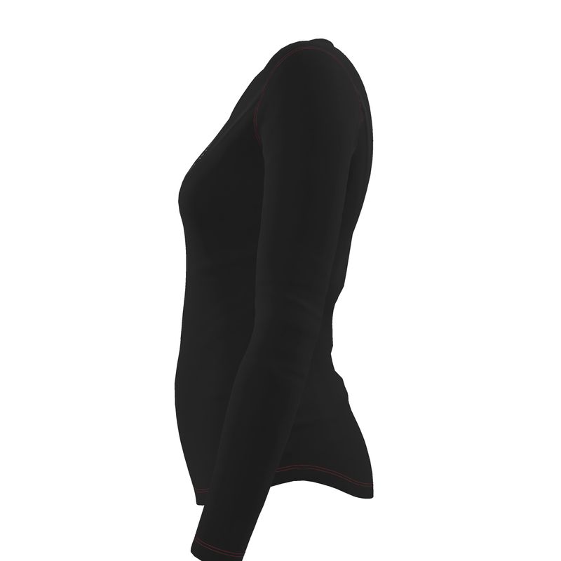 black long sleeve fitted t-shirt with red stitching facing left