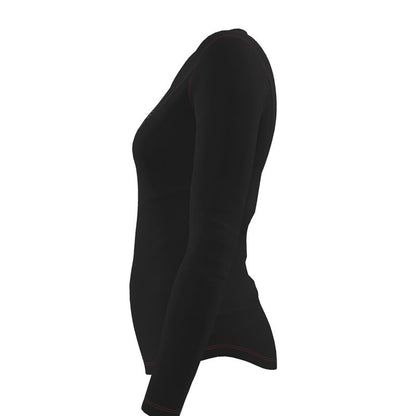 black long sleeve fitted t-shirt with red stitching facing left