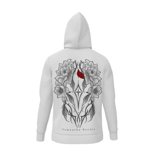Back of a grey hoodie with a floral design in grey and red with the name Samantha Beedie
