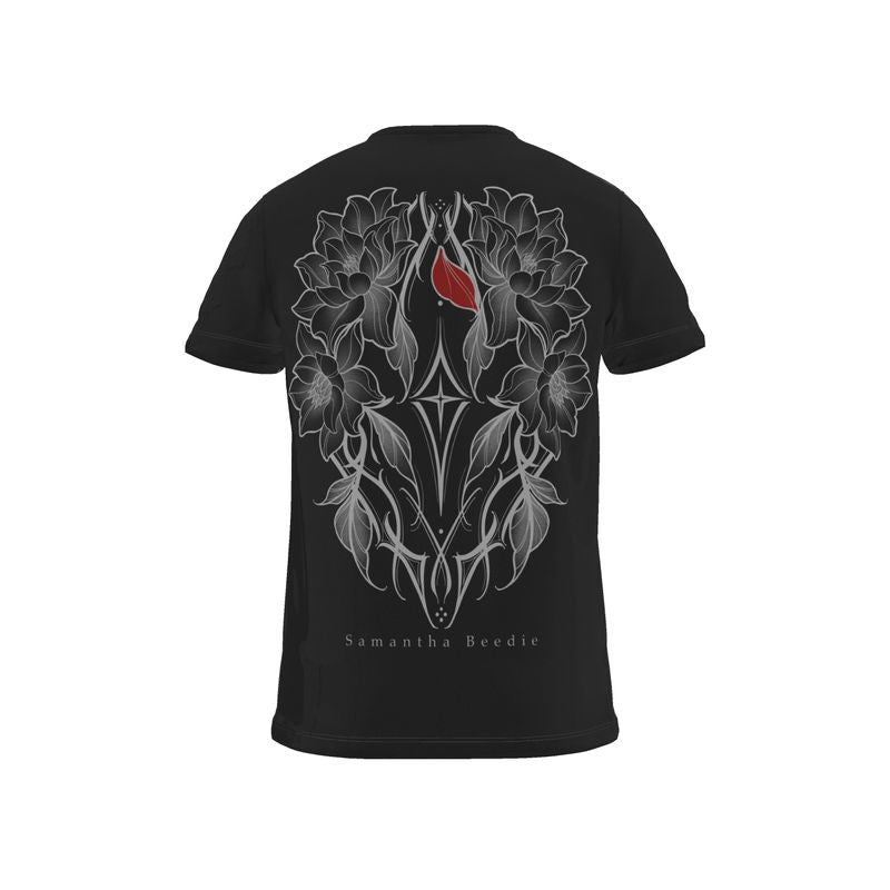 The back of a black unisex t-shirt showing the floral art work design and brand of Samantha Beedie