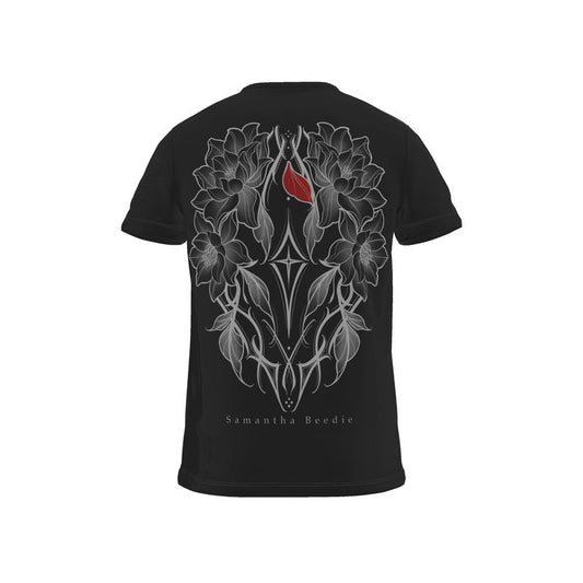 The back of a black unisex t-shirt showing the floral art work design and brand of Samantha Beedie