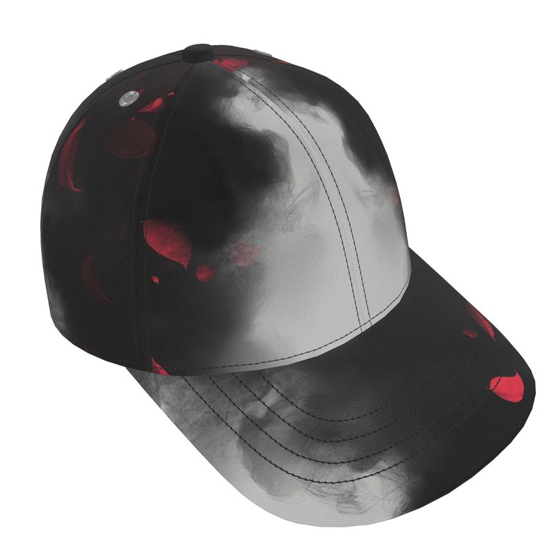 The red petal smoke design baseball cap facing to the right 