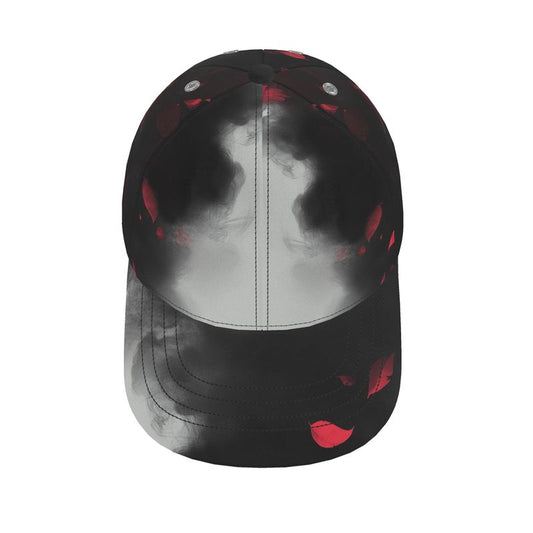 A top down view of the baseball cap with a petal smoke design on 