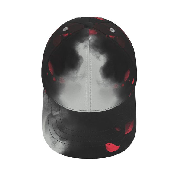 A top down view of the baseball cap with a petal smoke design on 
