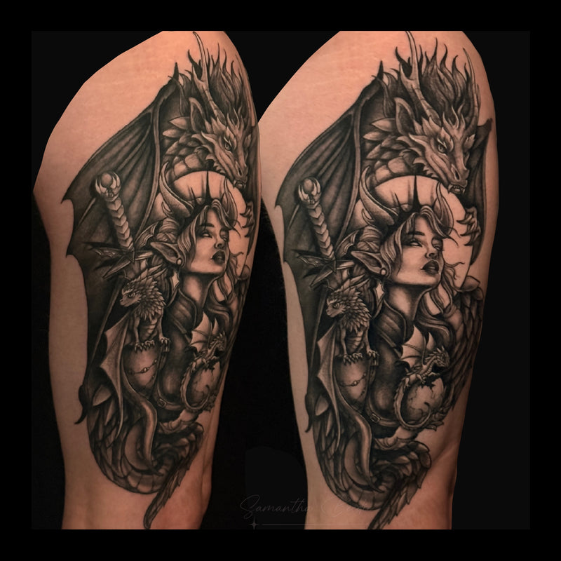 Black and grey tattoo on a thigh or three dragon and their Queen