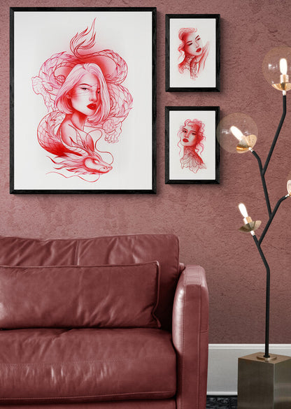 Cozy living room corner with red sofa, modern lamp, and framed tattoo art prints on wall