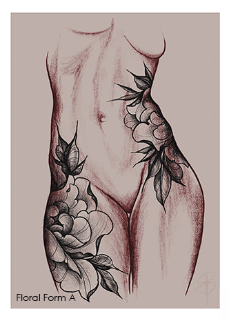 Artistic female torso line drawing with large floral tattoo design on hip and side.