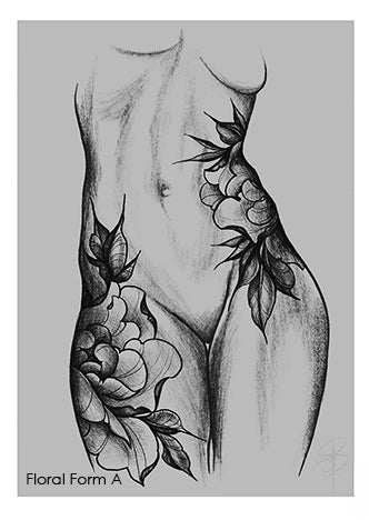 Black and grey sketch of a female torso with large floral tattoo design on hip and thigh