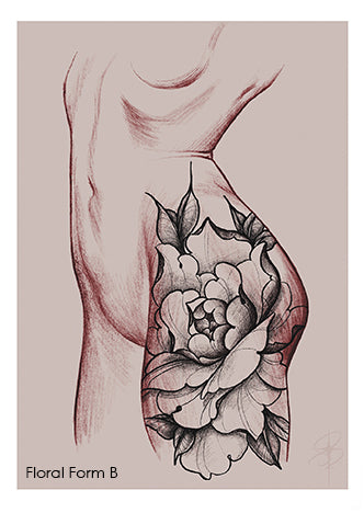 Line art of a female torso with a floral tattoo design on the hip and thigh