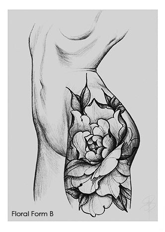 Black and white tattoo style drawing of a woman’s torso with a large floral design on the hip.