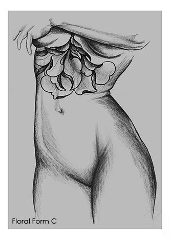 Pencil drawing of female torso with floral tattoo design on ribcage, tattoo art print.