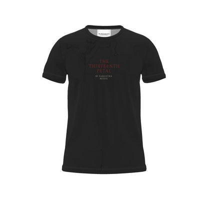 Front of black unisex t-shirt with the brand name of The Thirteenth Petal by Samantha Beedie