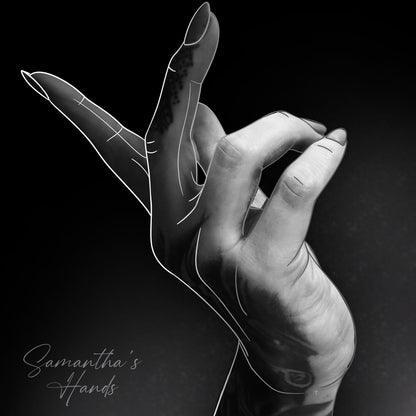 Black and white tattooed hand illustration with fine line art and dark background
