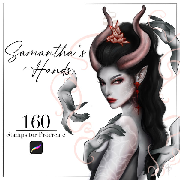 Fantasy female character with horns, pointed ears, and elegant hand poses promoting Procreate stamp set.