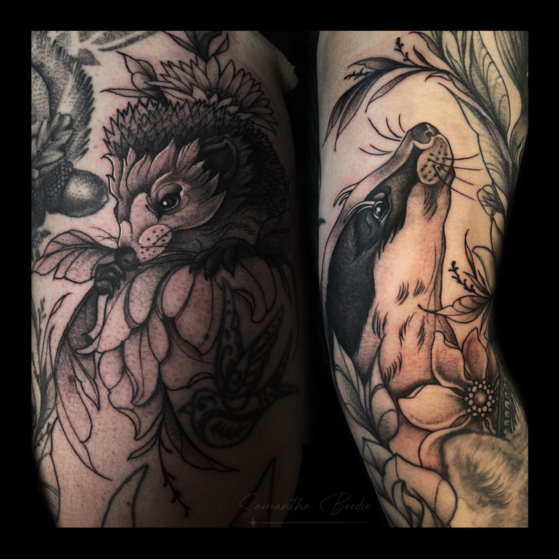 Neo traditional Black and grey animal tattoos featuring a hedgehog and a badger surrounded by floral elements and soft botanical linework.