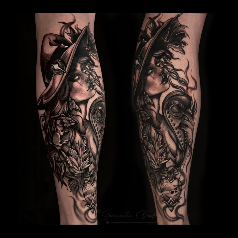 Black and grey calf leg tattoo of a mystical witch wearing a plague doctor mask and hat, surrounded by gothic elements and botanical accents. With her pet bat and rat holding a potion bottle