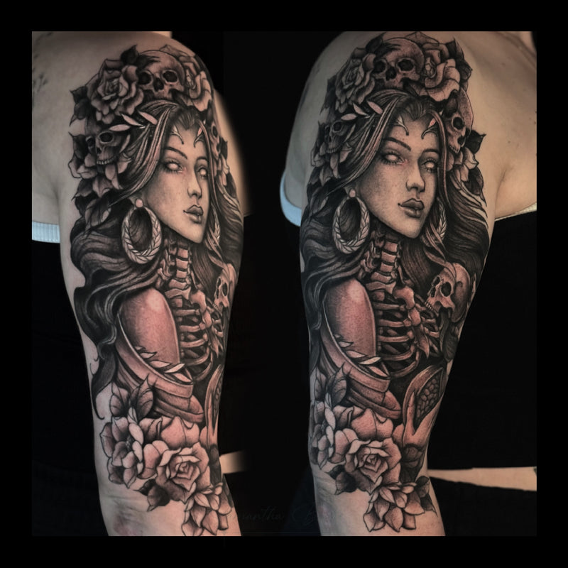 A black and Grey Tattoo of Persephone the Greek Goddess of the Underworld 