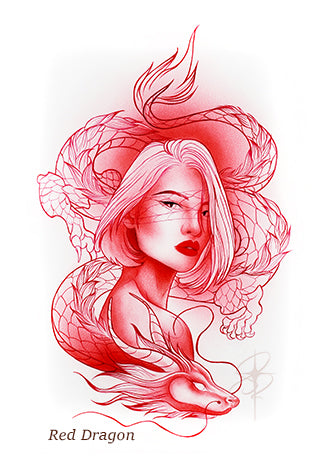 Red pencil sketch of a woman with short hair entwined with a detailed red dragon, tattoo art style.