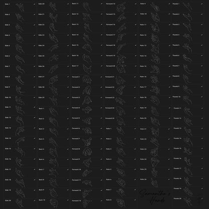Grid of minimalist hand line drawings in various poses on black background, labeled for tattoo art.