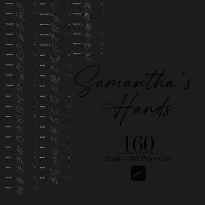 Procreate hand pose stamp set preview with labeled hand sketches and 'Samantha's Hands' text.
