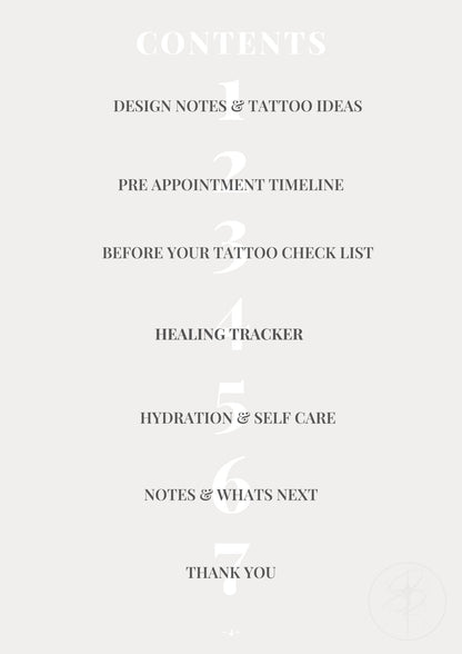 Tattoo Prep & Healing Planner Contents page