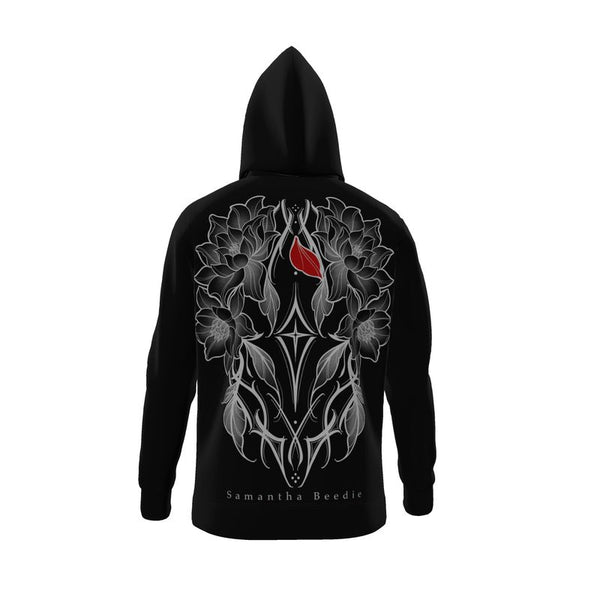 Back of a black hoodie with a floral design in grey and red with the name Samantha Beedie