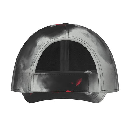 The back of a base ball caping showing the stap with the red petal smoke design on