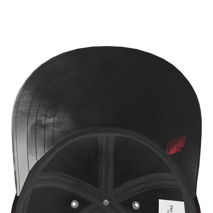 The underside peak of a base  ball cap with the red petal smoke design on