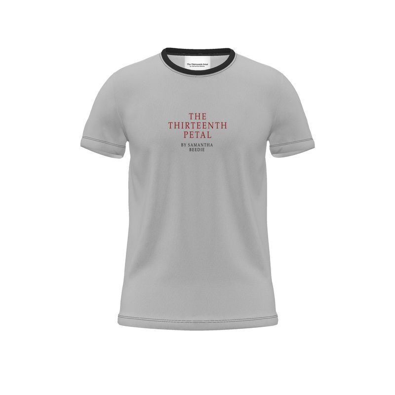 Front of a grey and black unisex t-shirt with the brand name of The Thirteenth Petal by Samantha Beedie