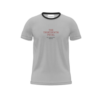 Front of a grey and black unisex t-shirt with the brand name of The Thirteenth Petal by Samantha Beedie