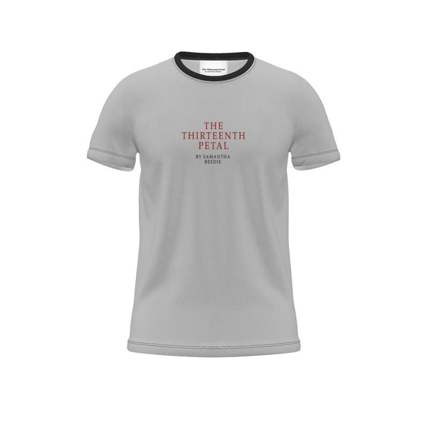 Front of a grey and black unisex t-shirt with the brand name of The Thirteenth Petal by Samantha Beedie