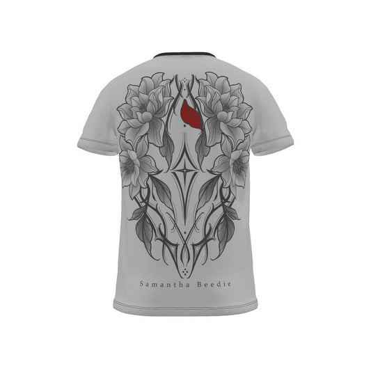 The back of a grey and black unisex t-shirt showing the floral art work design and brand of Samantha Beedie