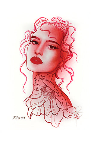 Red line art portrait of a woman with wavy hair, bold lips, and a floral neck tattoo design.